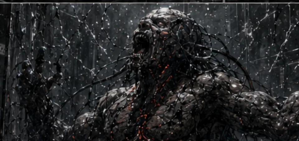 Subject 13-A, a massive figure strung with black cabling, mouth open