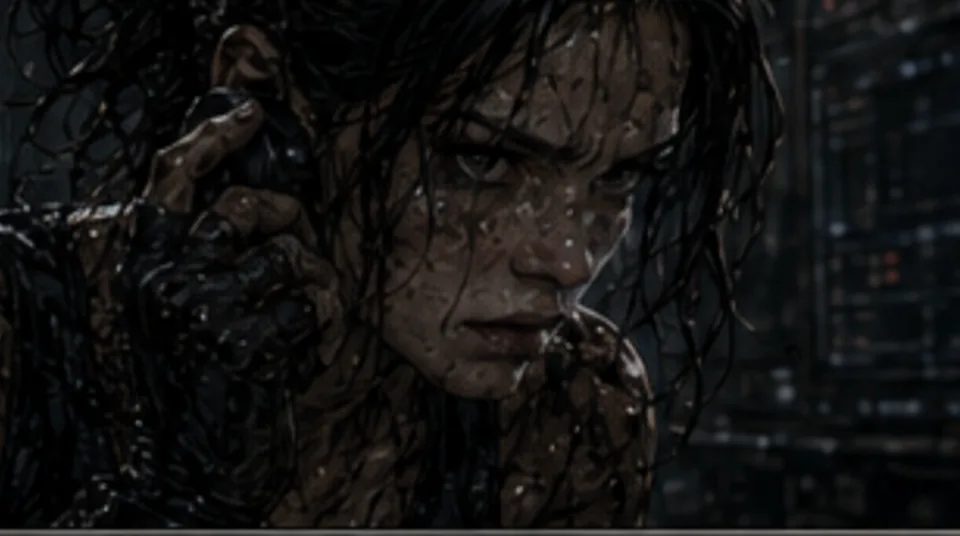 Dr. Vera Cross in the rain, jaw set, radio to her ear